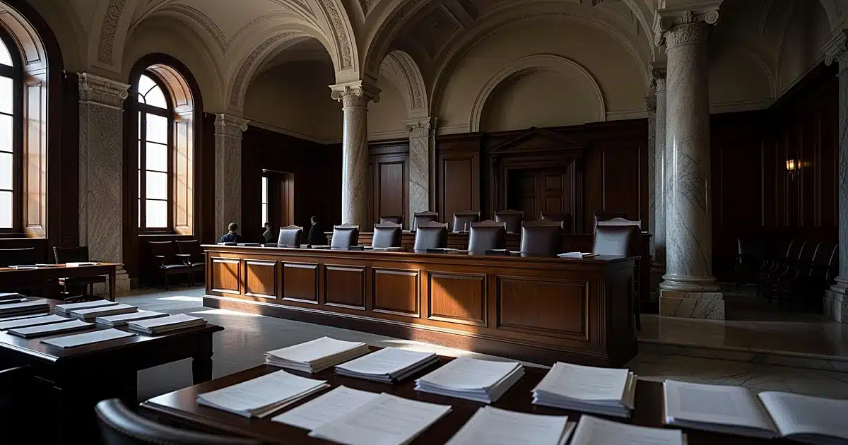 Empty Supreme Court bench with dramatic side lighting and scattered legal documents on tables in foreground