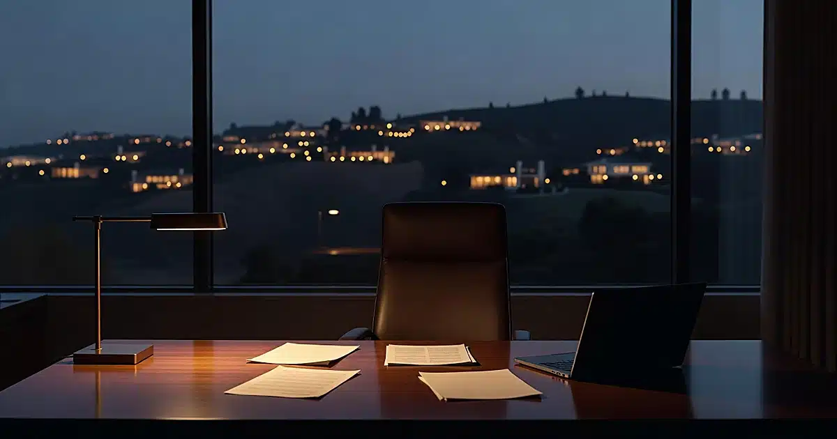 Luxury home office desk with scattered documents overlooking Oakland hills at dusk, empty chair in shadow
