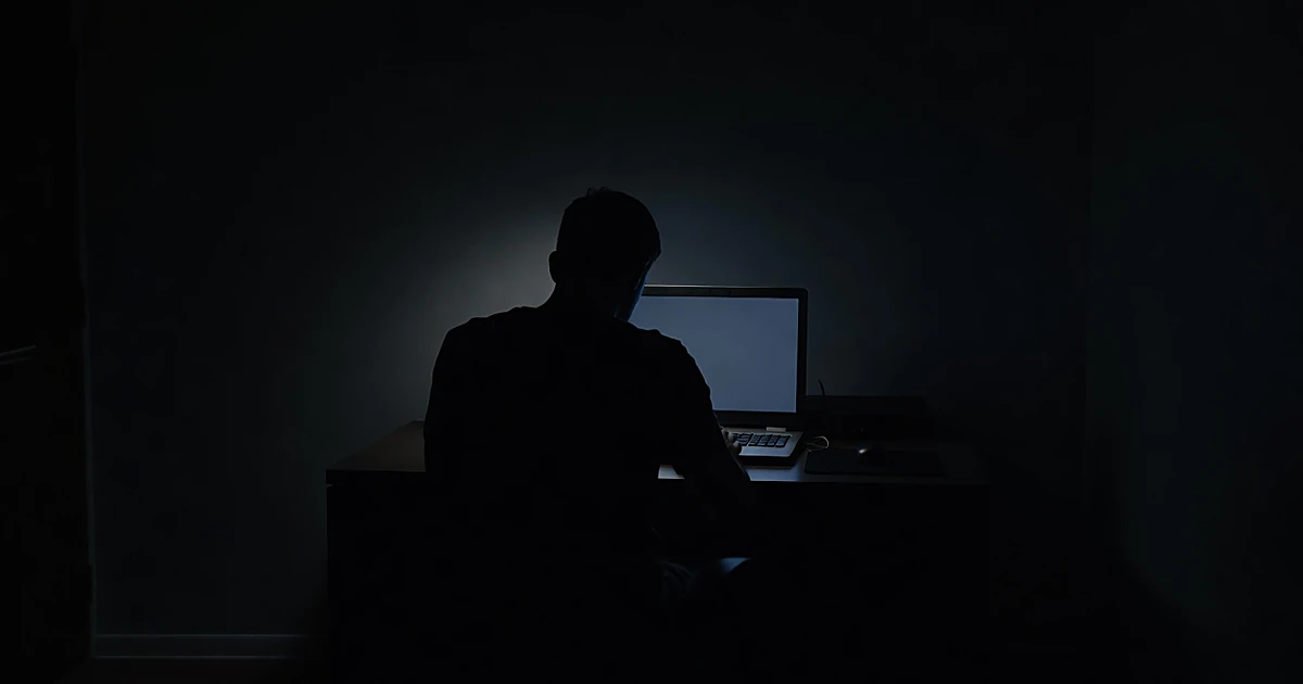 Silhouetted person at computer in dark room with glowing screen, shot from behind