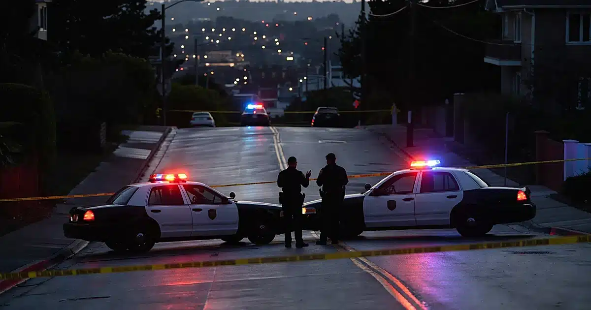 Police vehicles with emergency lights on steep Berkeley hillside street at dusk with campus lights below