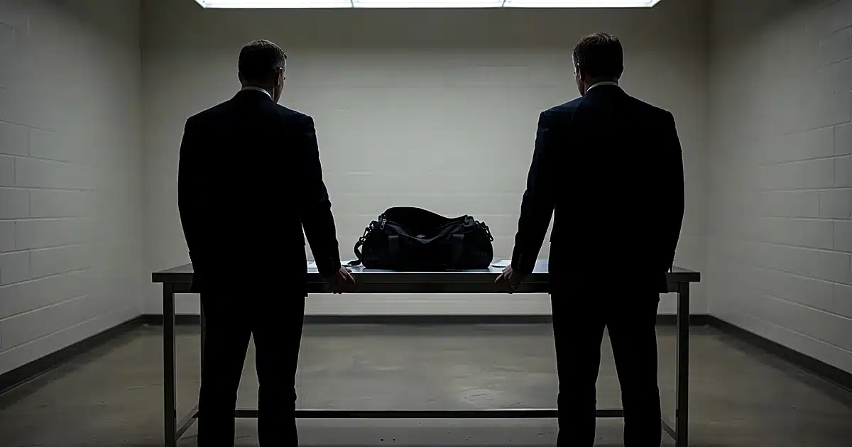 FBI evidence room with agents examining duffel bag on steel table in fluorescent lighting