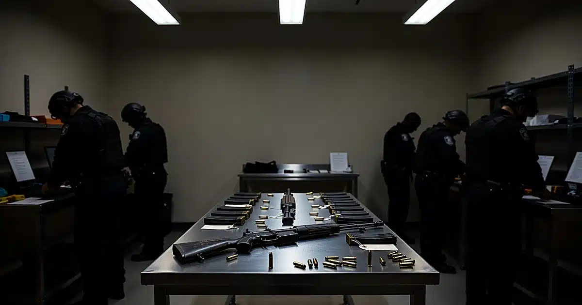FBI evidence room with confiscated rifle and ammunition on metal table, federal agents as silhouettes processing items