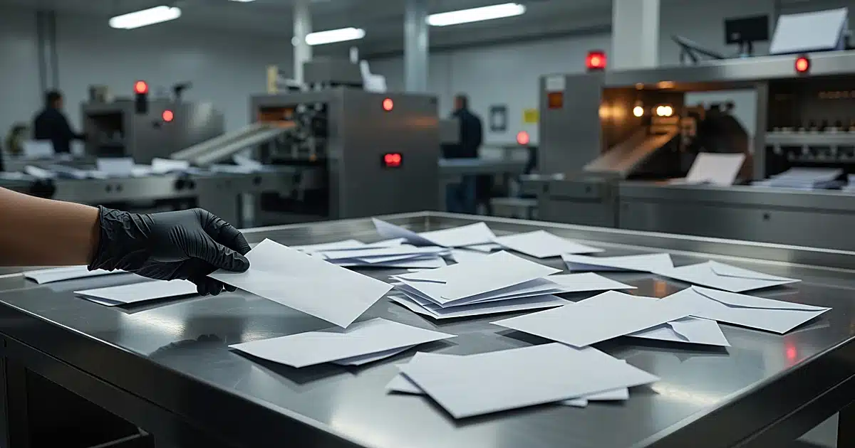 Gloved hand examining scattered white envelopes on metal sorting table with hazard lights in background