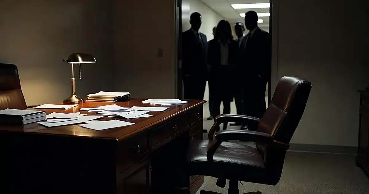 Dark office interior with desk, scattered envelopes, and silhouetted figures in doorway during political investigation