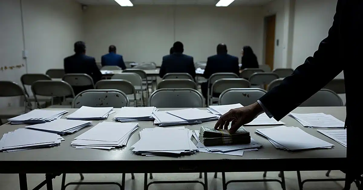 Empty committee room with scattered ballots and cash on table, silhouetted hand reaching across surface