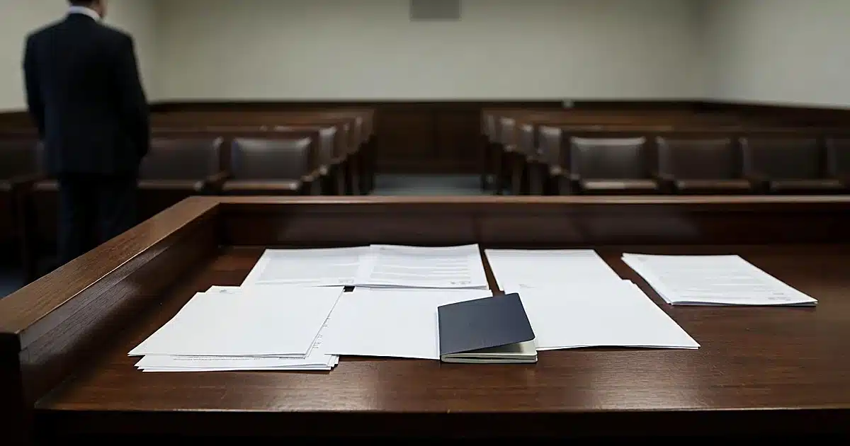 Federal courtroom bench with passport and legal documents under institutional lighting