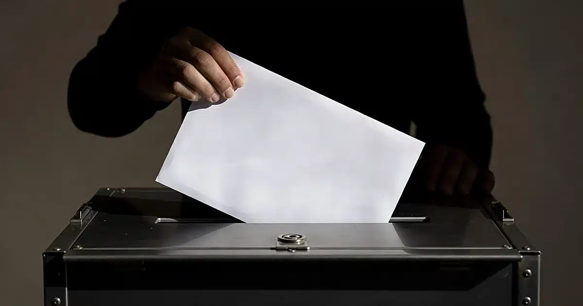 Mail-in ballot envelope being inserted into secure ballot drop box slot with hands shown as silhouettes