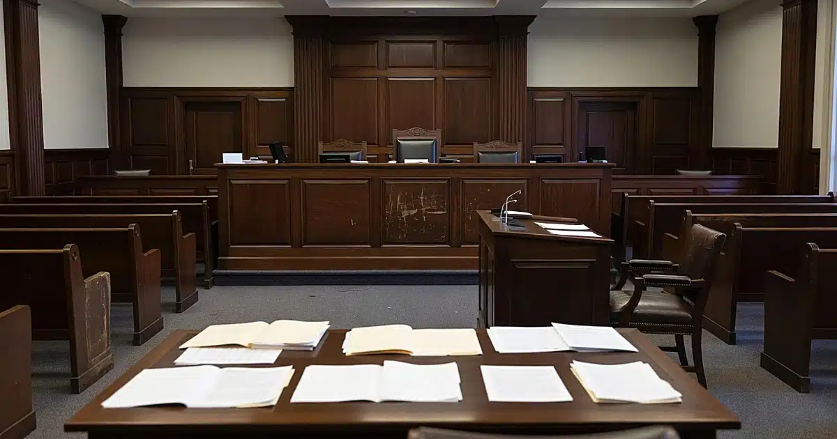 Empty federal courtroom with scattered documents on prosecution table, judge's bench visible in background