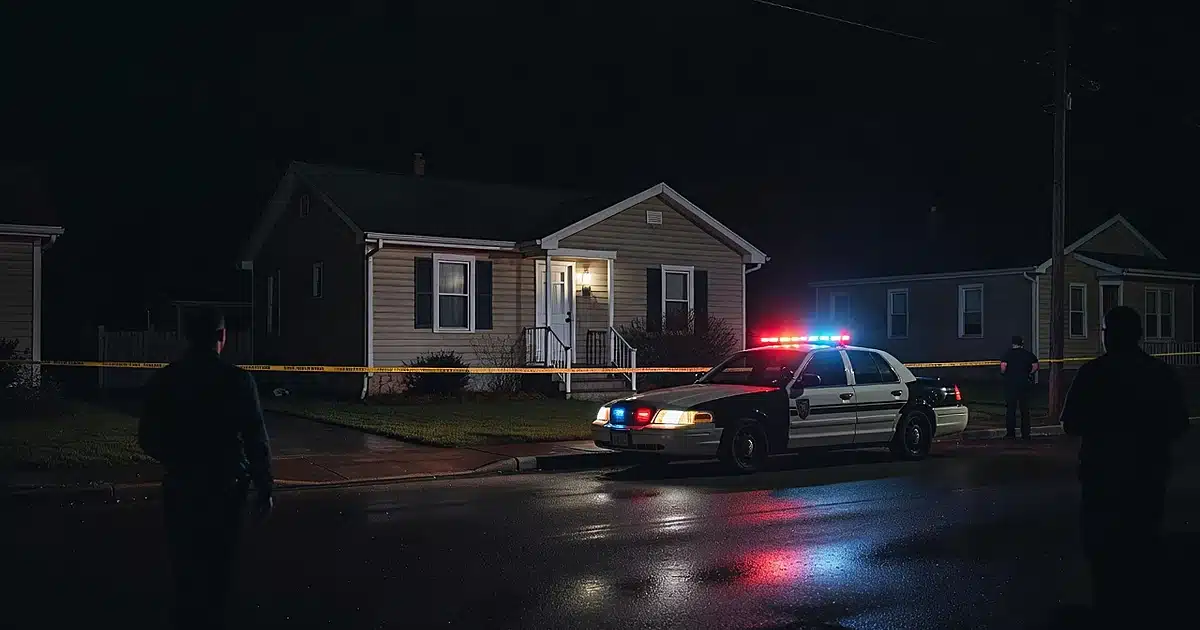 Police car with flashing lights parked in front of darkened home on residential street at night