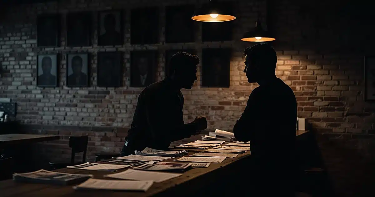 Dark cafe interior with shadowed framed portraits on brick wall and silhouetted figures in conversation