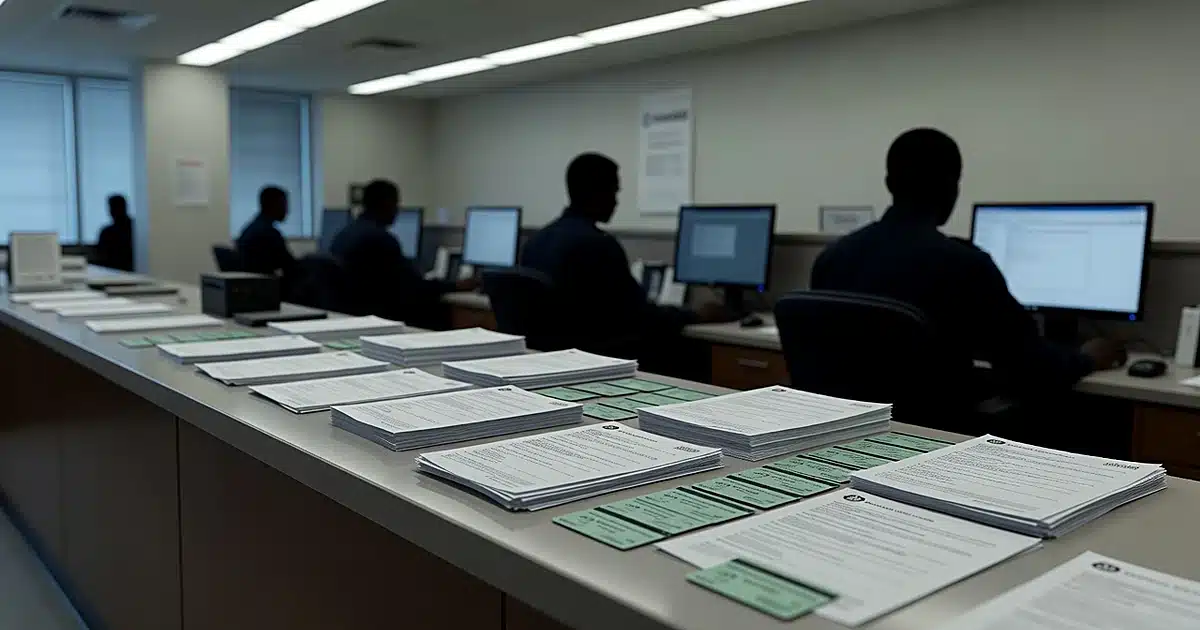 Immigration office counter with naturalization documents and silhouetted officers processing paperwork