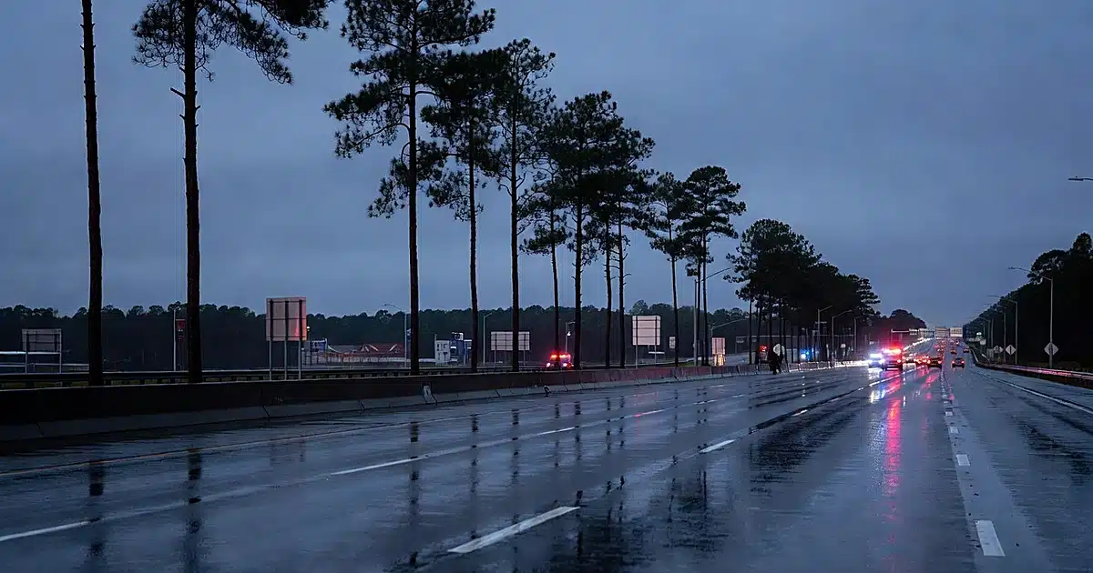 Interstate highway at dusk with emergency lights flashing near tree line in rain