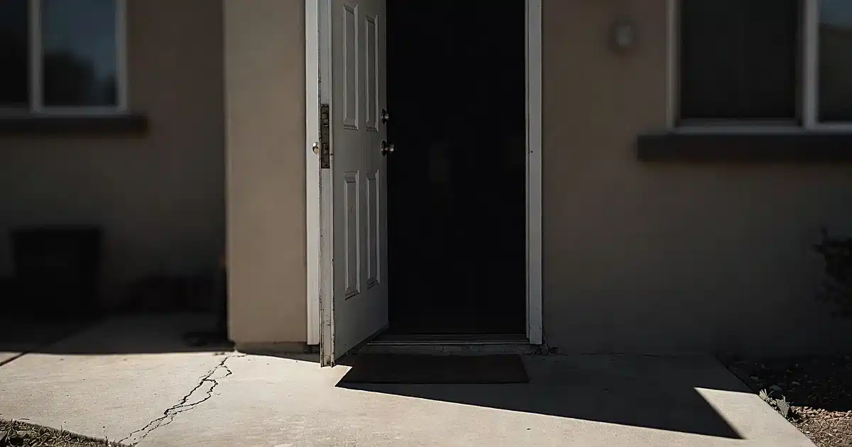Residential front door standing partially open with dark interior visible beyond threshold in daylight