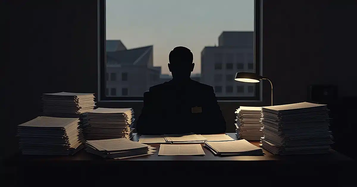Silhouetted figure at desk with legal documents in shadowy federal office with government buildings visible outside