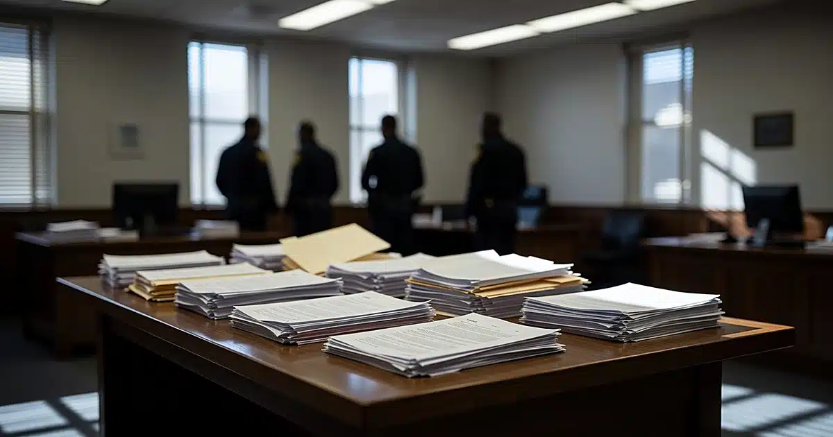 Legal documents and folders scattered on courthouse table with silhouetted figures in background