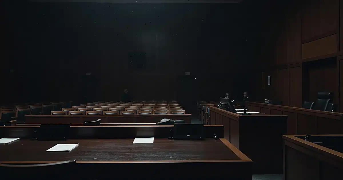 Empty courtroom interior with judge's bench and witness stand in dramatic lighting