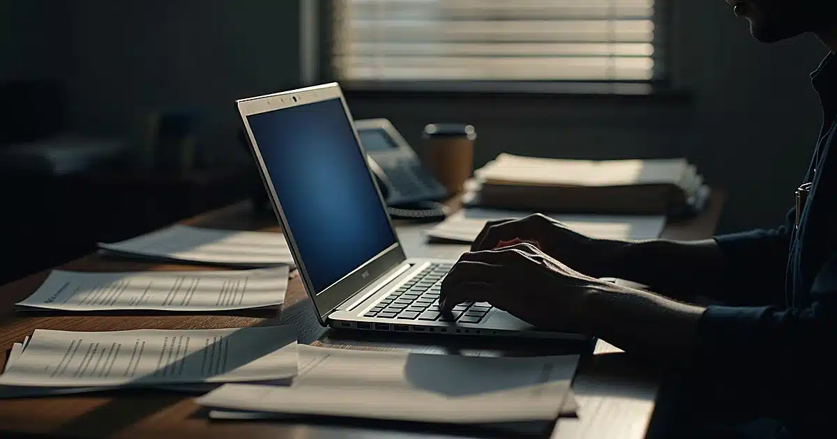 FBI agent's hands at laptop with scattered documents on desk in dimly lit office