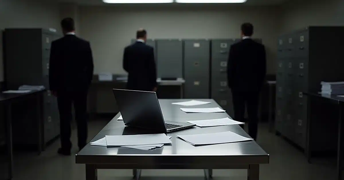 FBI evidence room with laptop on examination table and silhouetted agents in background
