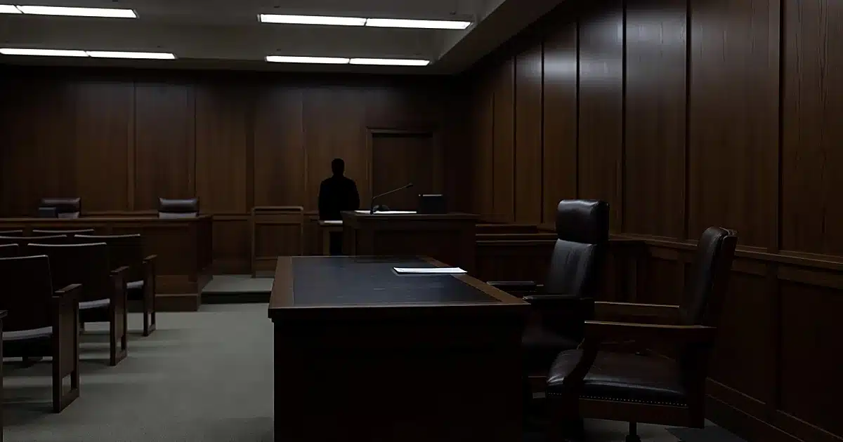 Empty courtroom with judge's bench and witness stand under fluorescent lighting, bailiff silhouette in background