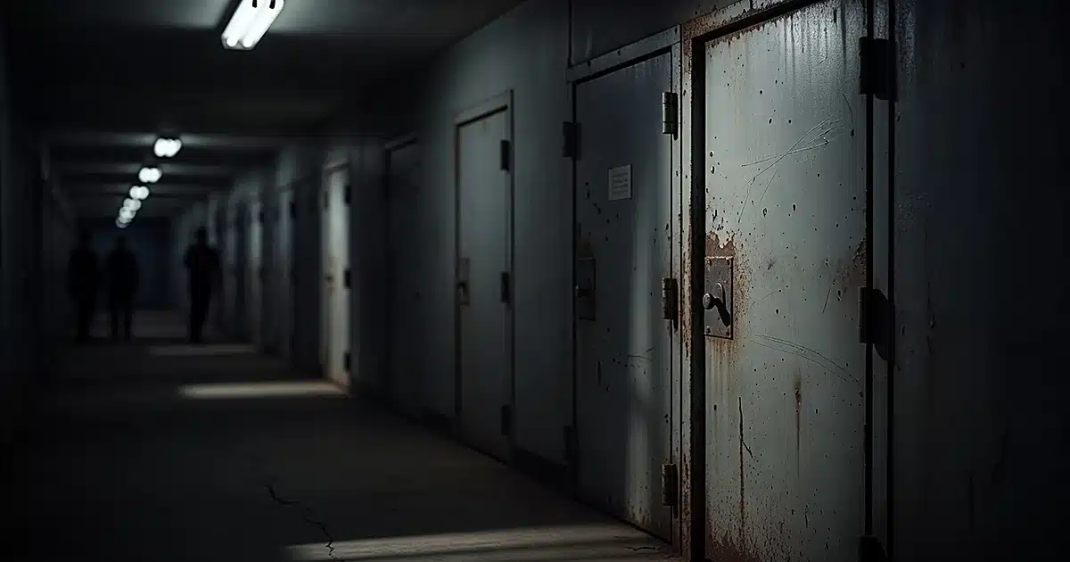 Prison corridor with steel cell doors extending into darkness under harsh fluorescent lighting