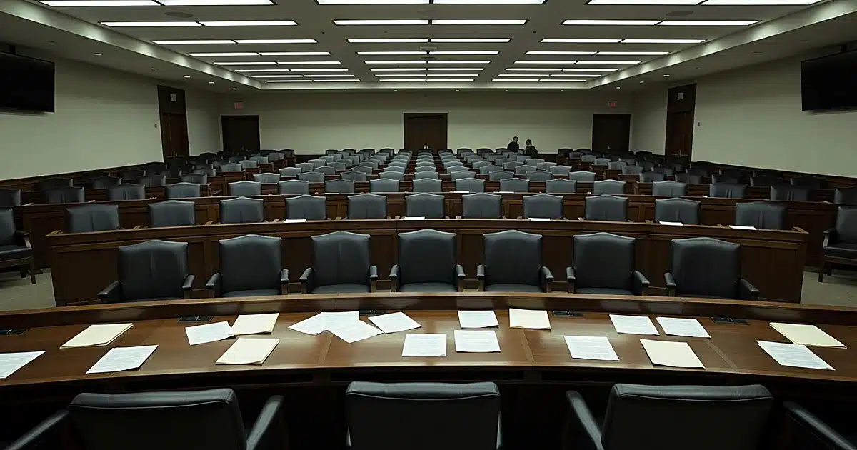Empty Senate committee room with vacant chairs and scattered papers on wooden dais