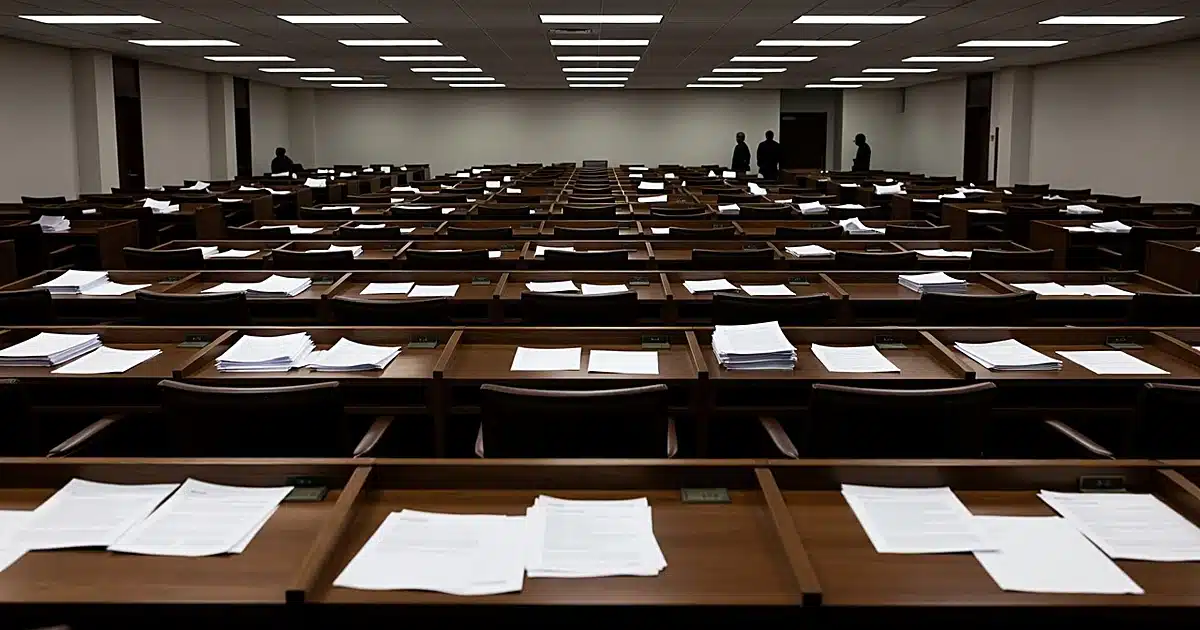 Interior of Texas legislative chamber with scattered papers on empty desks and distant silhouetted figures