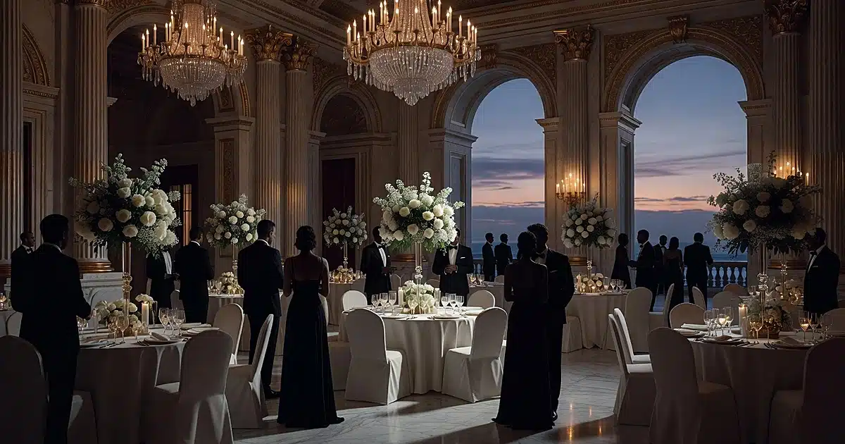 Silhouetted guests at formal evening reception in ornate ballroom with chandeliers and floral centerpieces