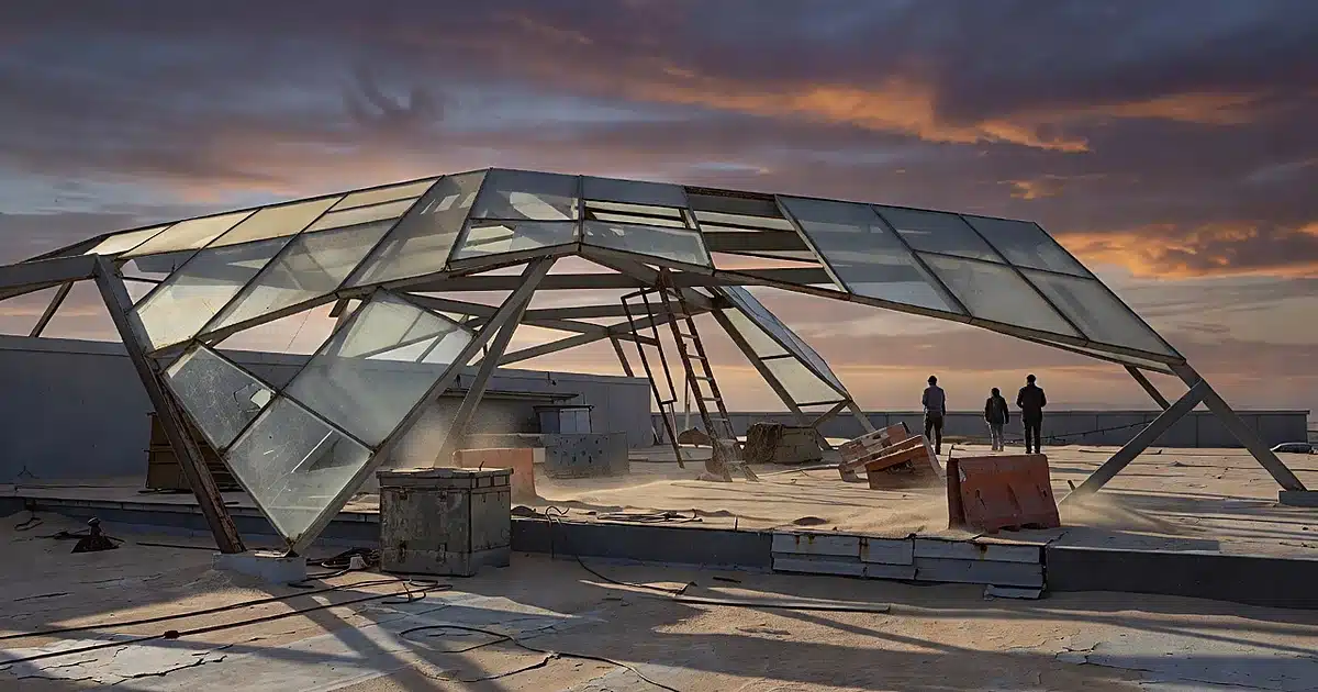 Modernist desert architecture rooftop with translucent panels and maintenance equipment at dusk