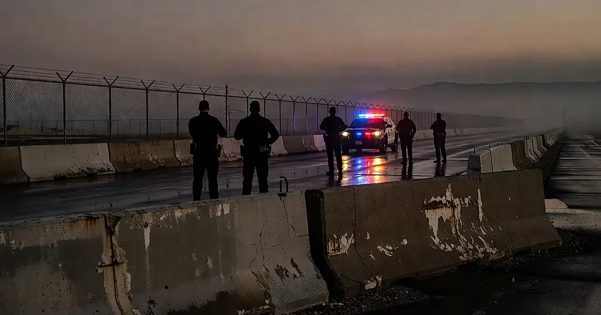 Border checkpoint at dusk with silhouetted law enforcement officers near patrol vehicle with emergency lights