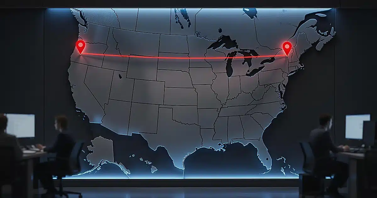 Illuminated US map showing two Portland locations on opposite coasts connected by red line in operations room