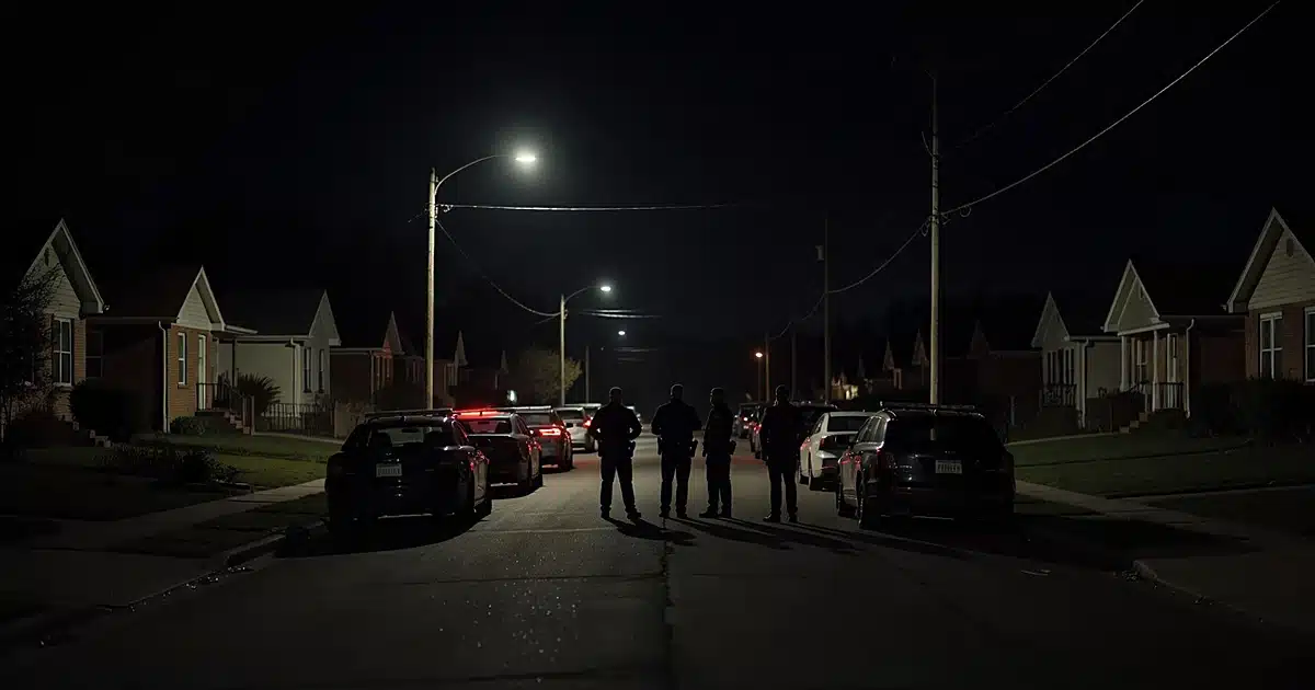 Police vehicles with emergency lights active on a suburban residential street at night