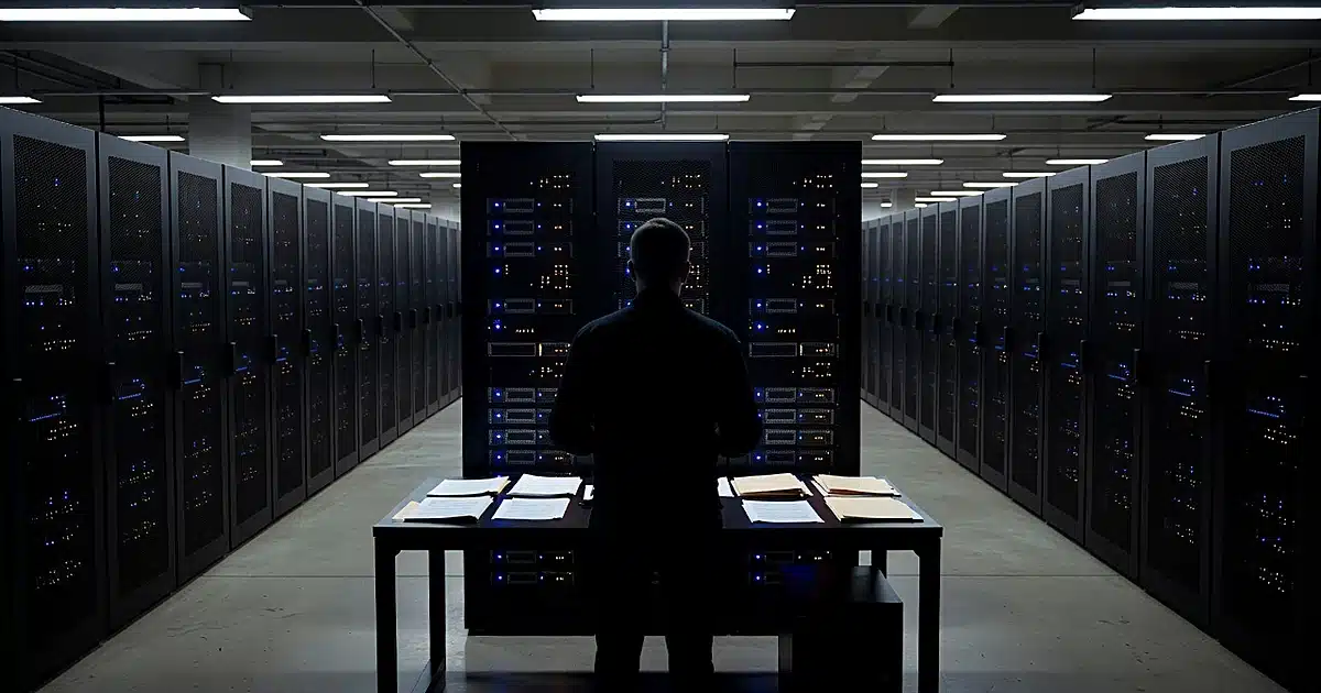 Server room with rows of data racks and silhouetted technician at workstation with scattered documents
