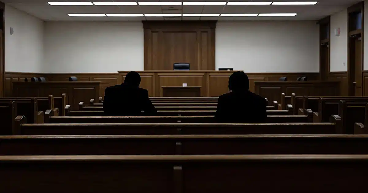 Empty defendant's table in courtroom with silhouetted figures seated in gallery behind