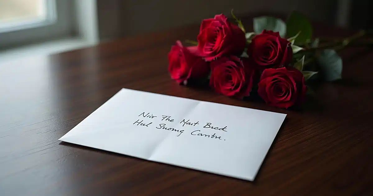 White envelope and red roses on dark wooden surface in soft natural light
