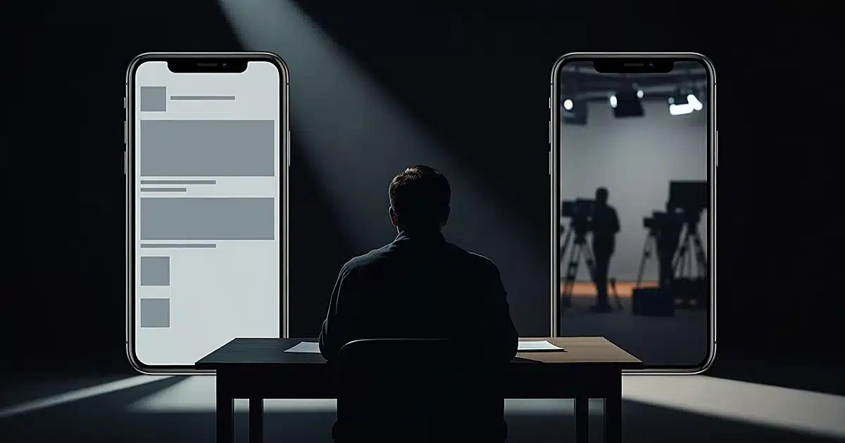 Two smartphone screens flanking a silhouetted figure at desk, representing conflicting statements from different sources