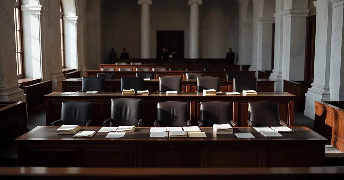 Empty Supreme Court chamber with judicial bench showing nine chairs, some vacant, with documents scattered on surface