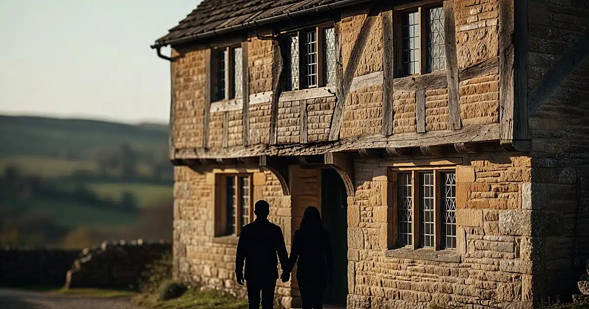 Two silhouetted figures walking hand-in-hand toward historic Cotswolds stone pub entrance at golden hour