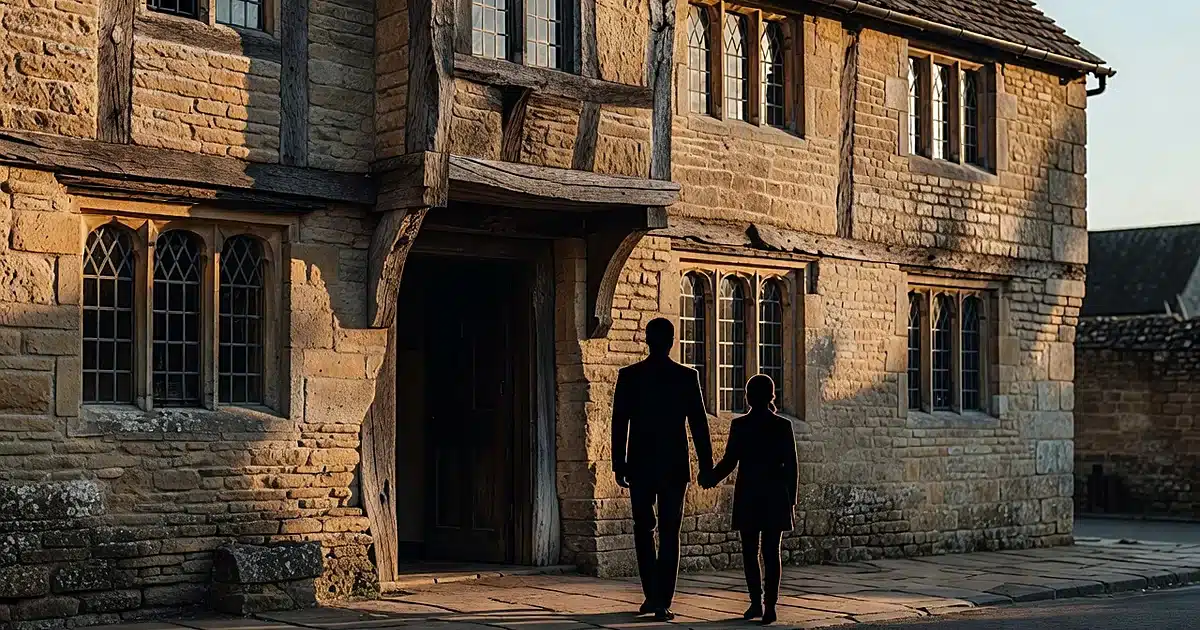 Two silhouetted figures walking hand-in-hand toward a historic Cotswolds stone pub in golden afternoon light