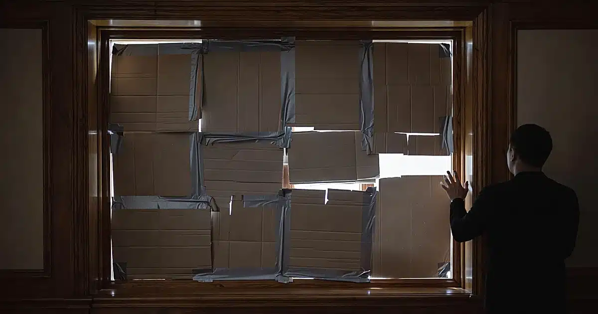 Cardboard and duct tape covering luxury hotel window with silhouetted figure