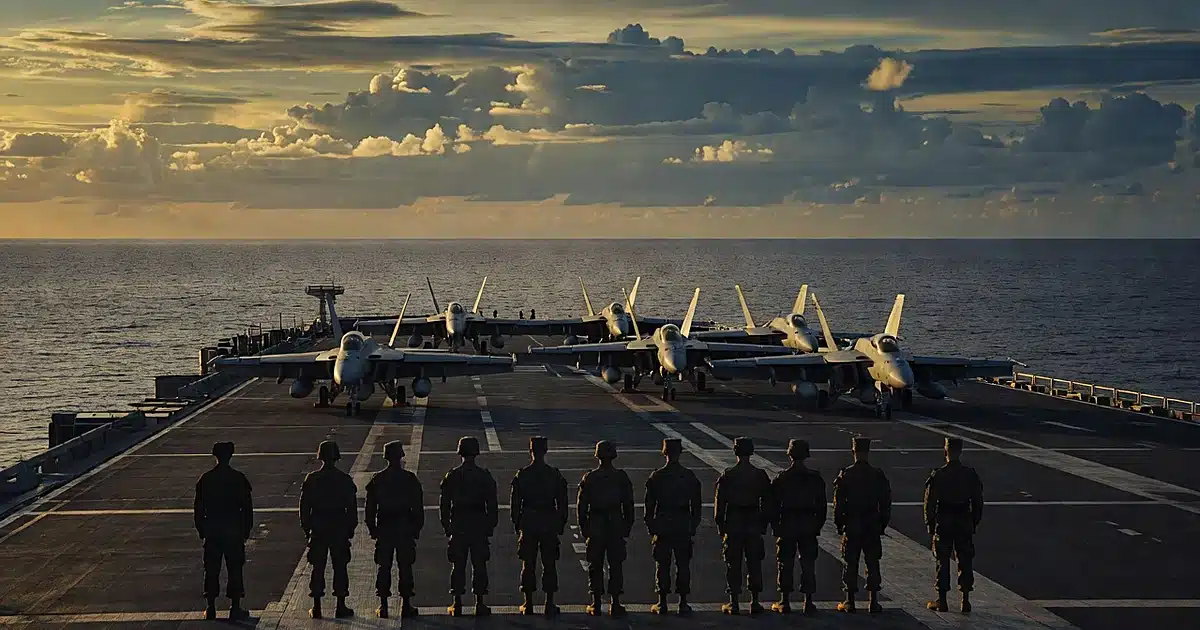 Silhouetted Marines in formation on aircraft carrier deck at sea with fighter jets during golden hour