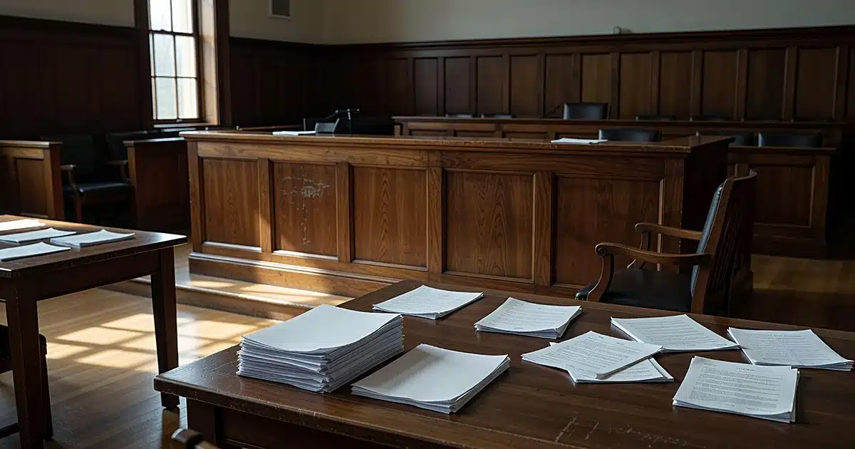 Empty federal courtroom with judicial bench and scattered legal documents on tables