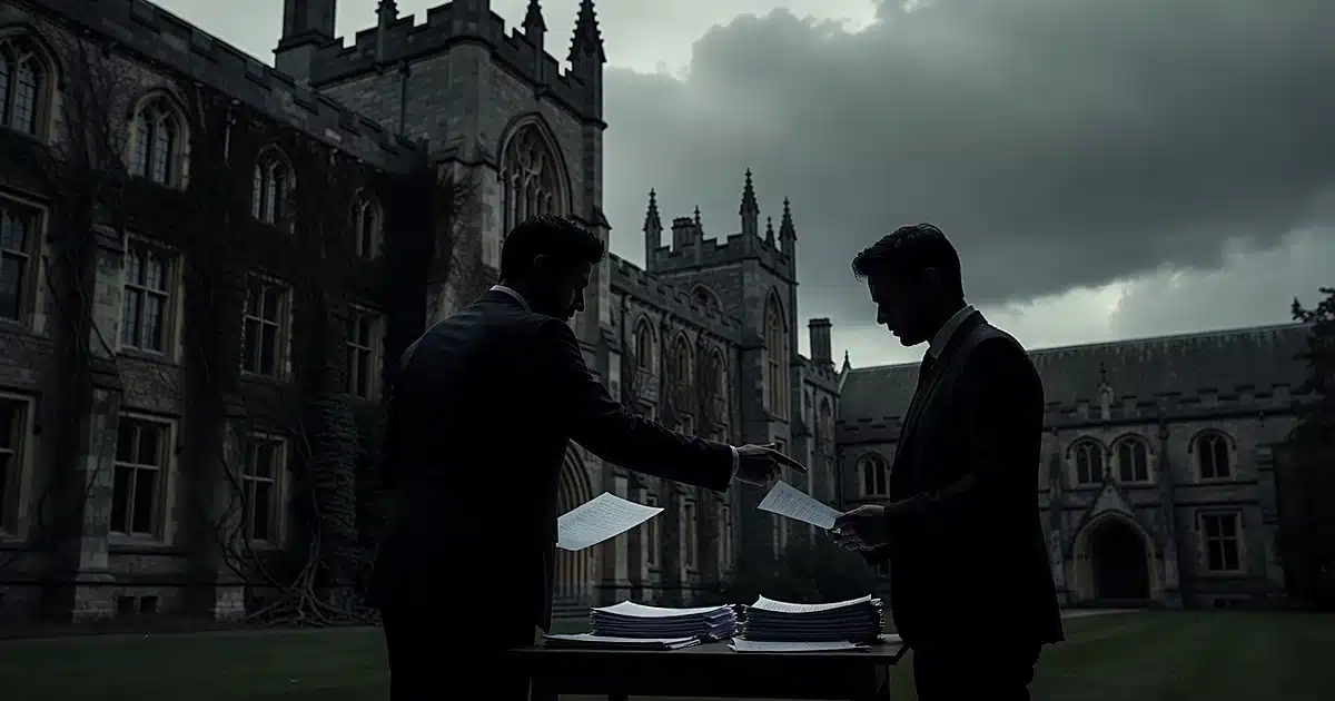 Silhouetted officials with documents before a shadowed university building in overcast light