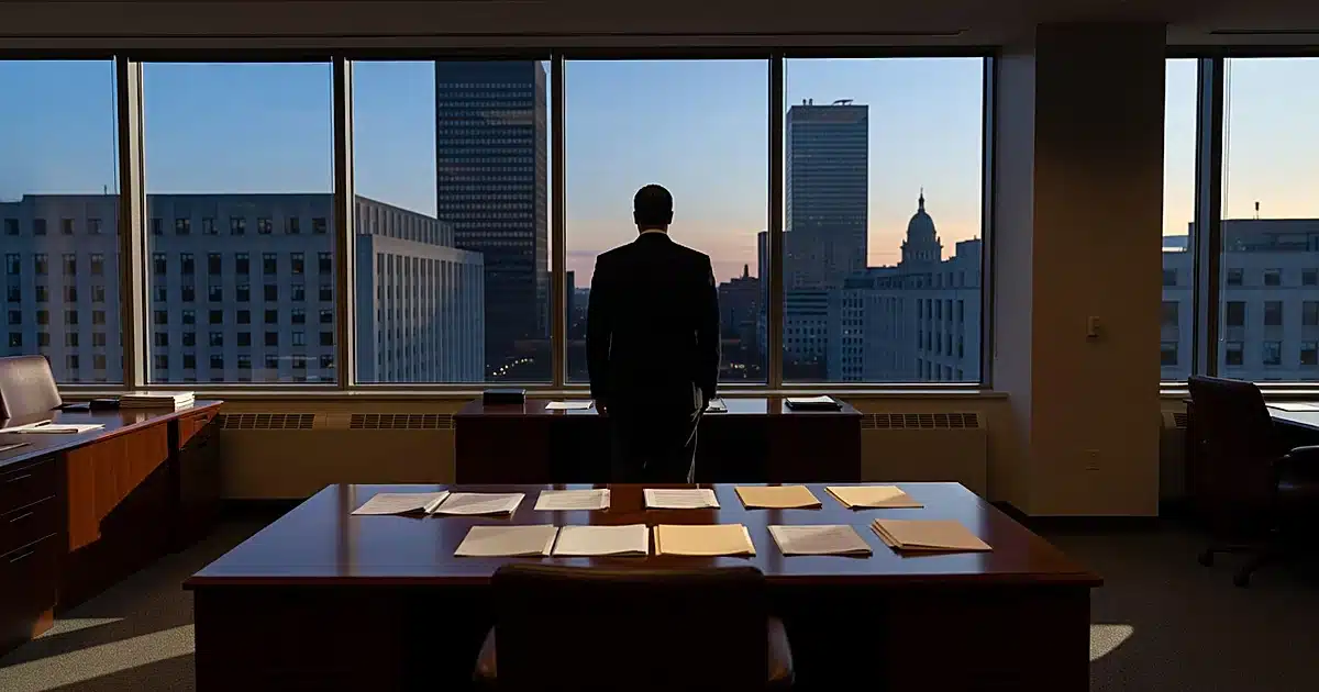 Silhouetted official at desk with documents in New York government office at dusk