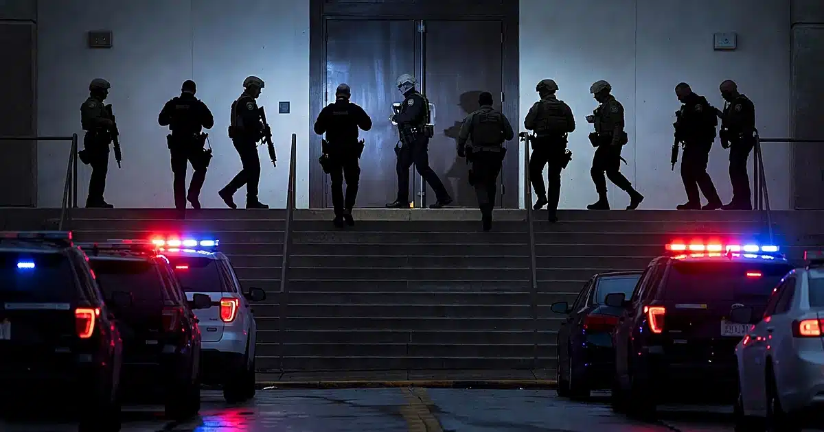 Federal agents in silhouette ascending government building steps at dawn with emergency vehicle lights reflecting on wet pave