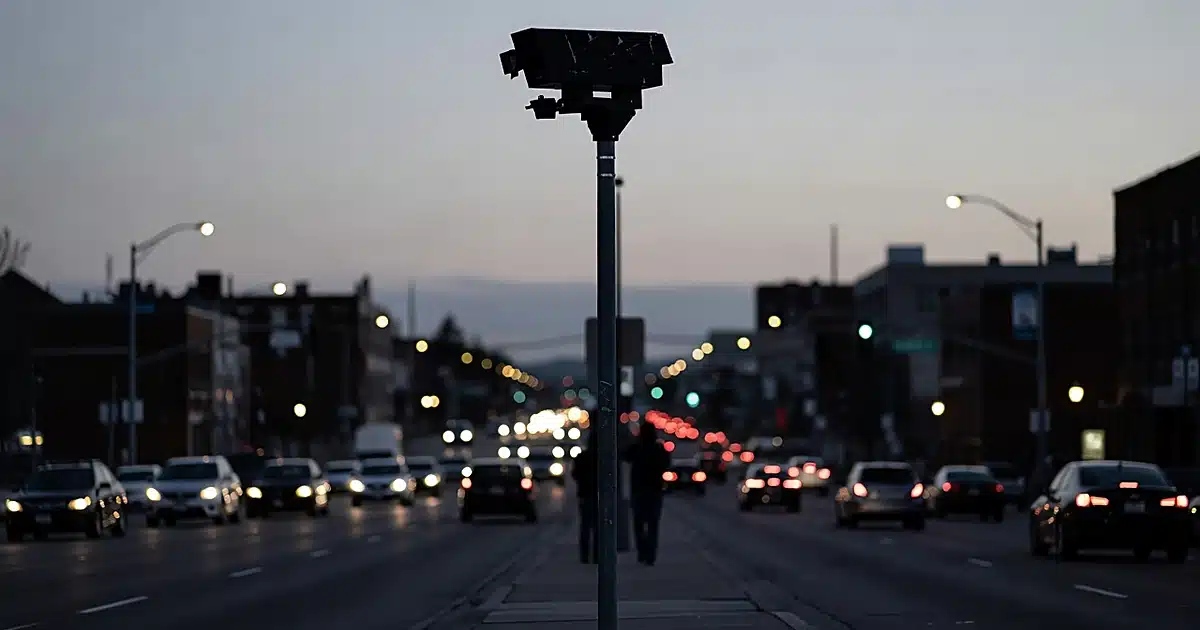 Automated surveillance camera mounted on pole at dusk with blurred traffic lights below