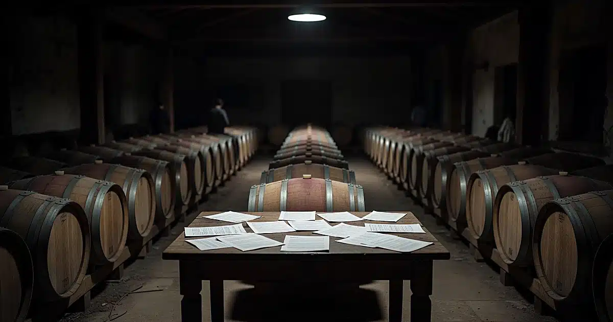 Empty wine cellar with scattered documents on table, barrels in shadows, pendant light overhead