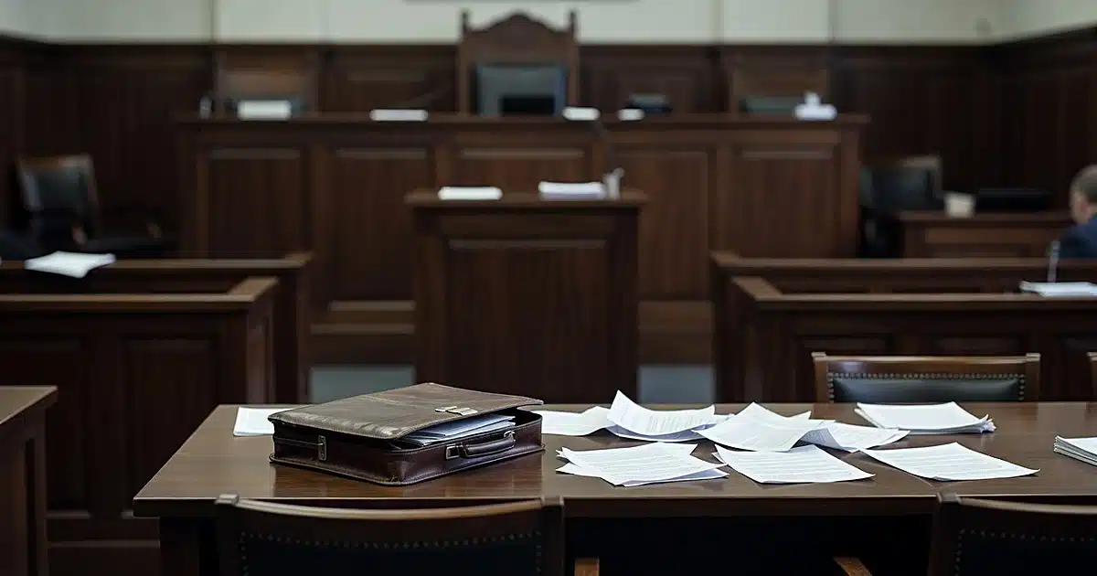 Empty family courtroom with abandoned briefcase and scattered papers on table after custody hearing