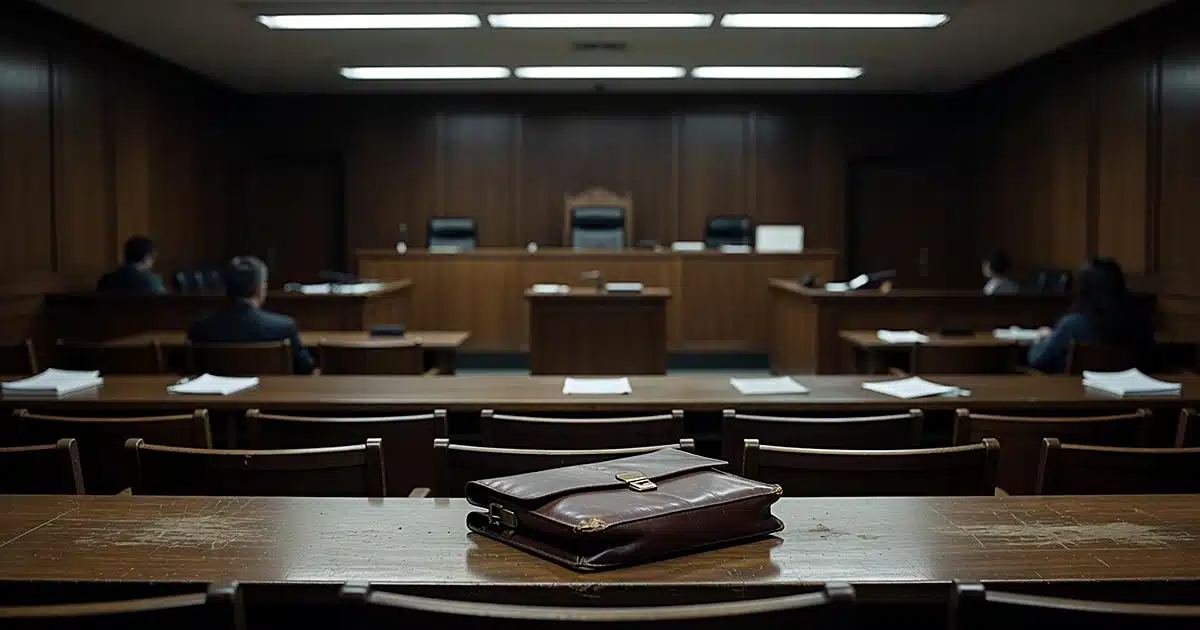 Empty family courtroom with abandoned briefcase on table after custody hearing