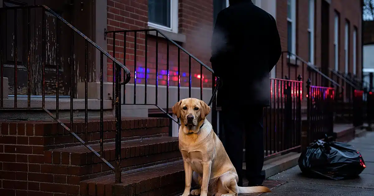 Golden Labrador on leash with silhouetted handler at residential entrance with emergency vehicle lights reflecting
