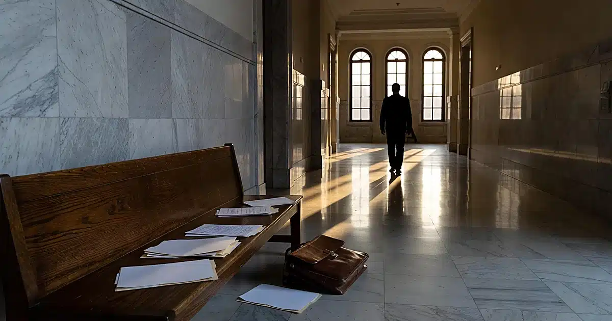 Silhouetted figure in federal courthouse hallway with scattered documents on bench, dramatic window lighting